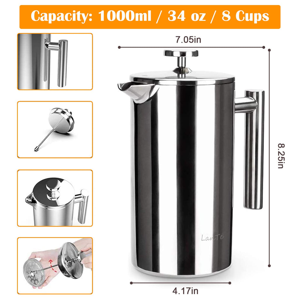 Double Insulated 304 Stainless Steel French Press Coffee Maker 1000ml V517575