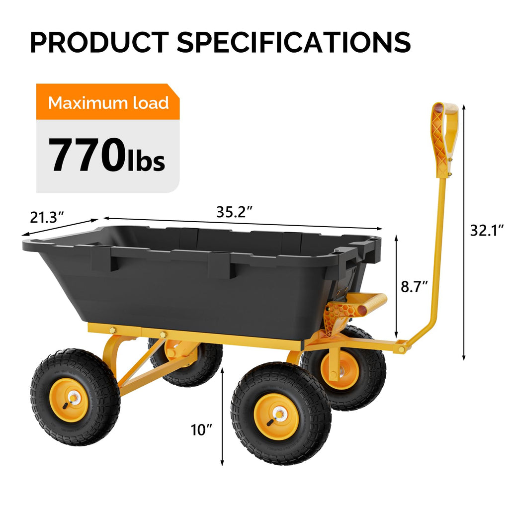 Heavy Duty Dump Cart Wagon, 770LBS Poly Wheelbarrow, 10in All-Terrain Pneumatic Tires C449780