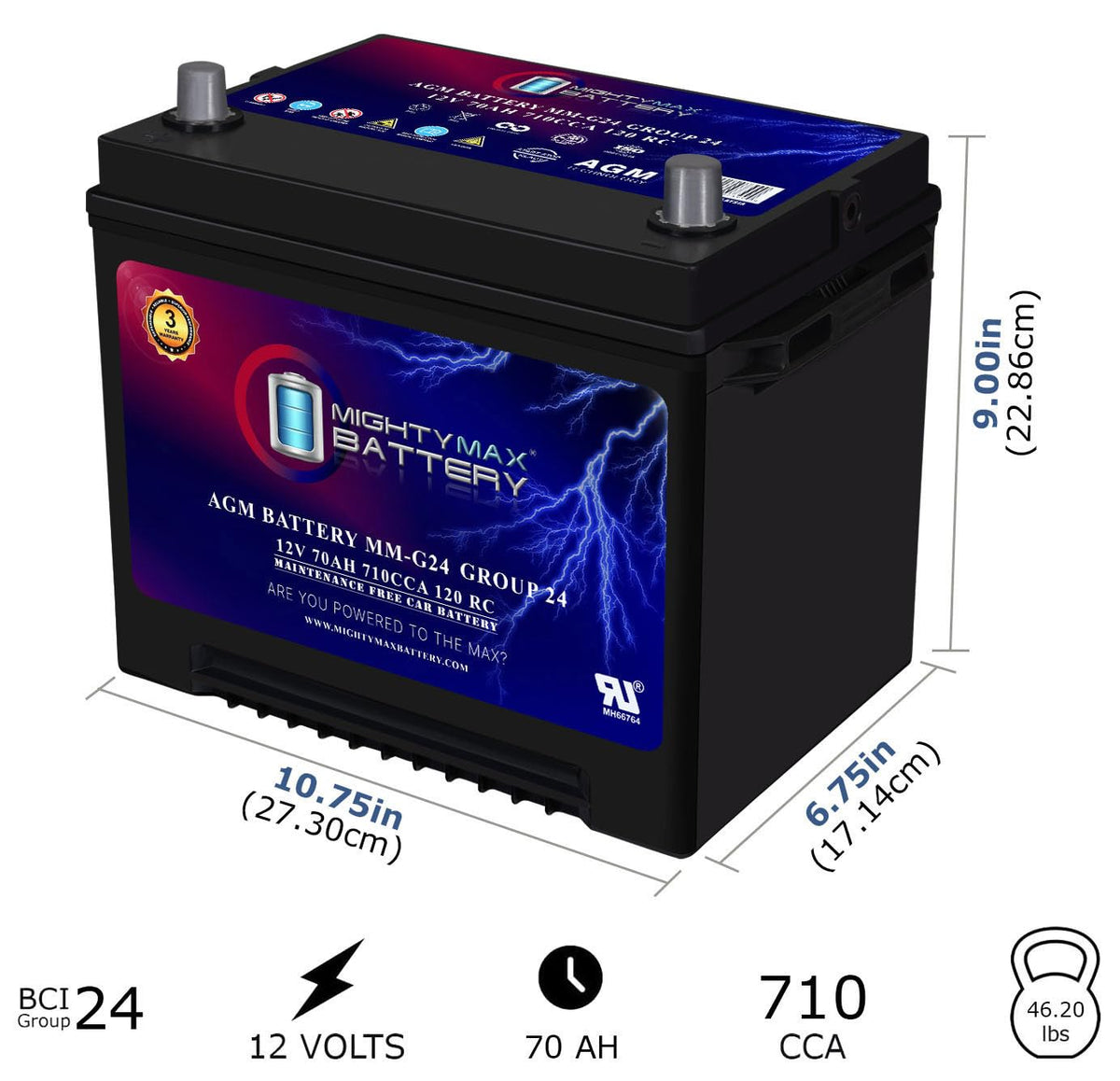 12V 70Ah 710 CCA Group Size 24 Replacement Battery D411