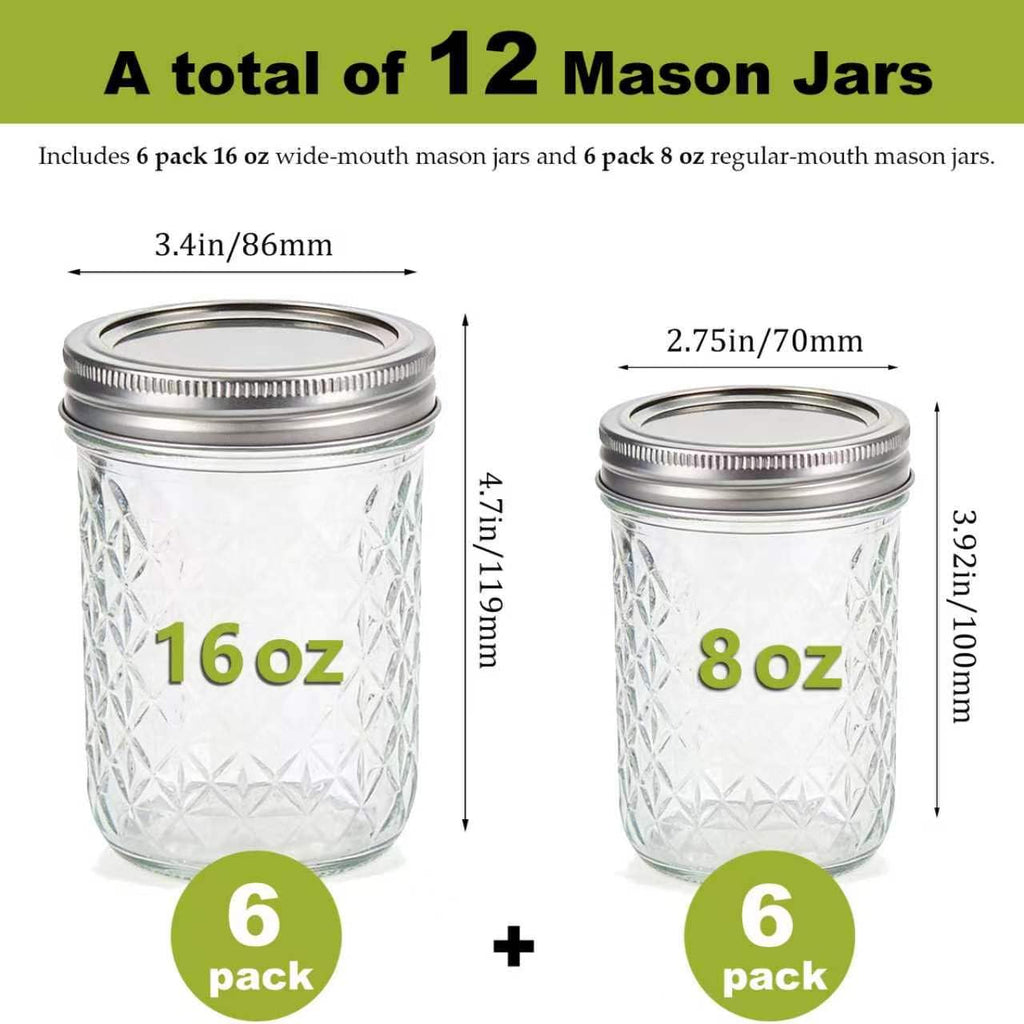12 Pack Glass Mason Jars with Lids 16 oz & 8 oz A995517