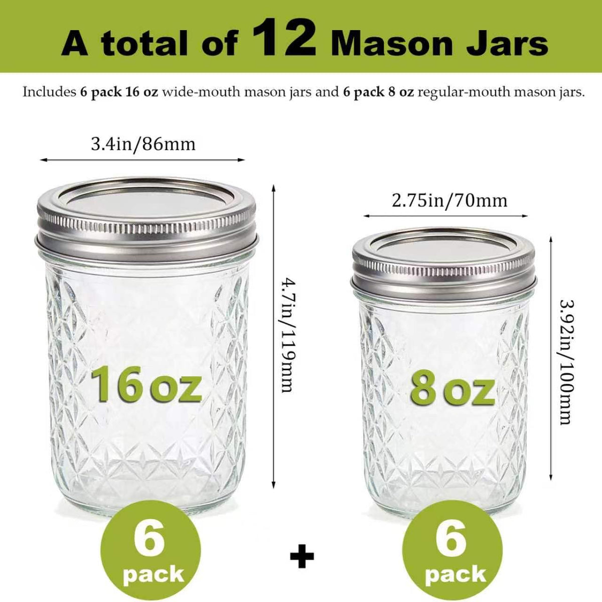 12 Pack Glass Mason Jars with Lids 16 oz & 8 oz A995517