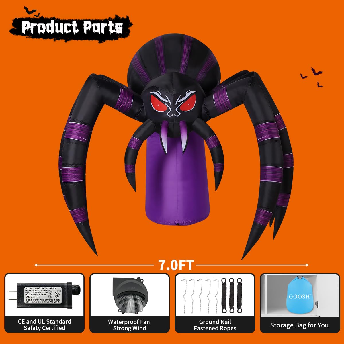 7 FT Inflatable Spider Outdoor Decoration with LED Lights V4687