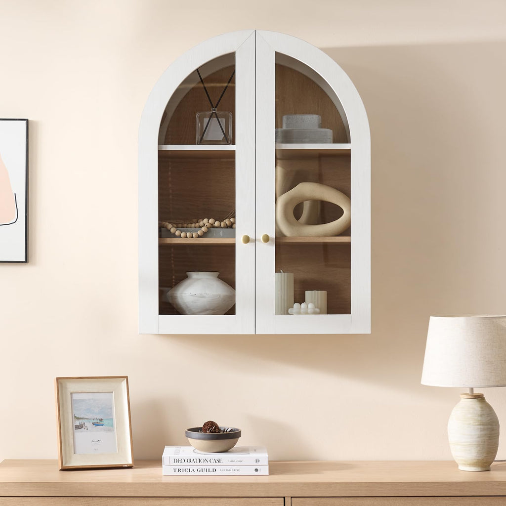 White Arched Wall Mount Bathroom Cabinet with Glass Doors Q105