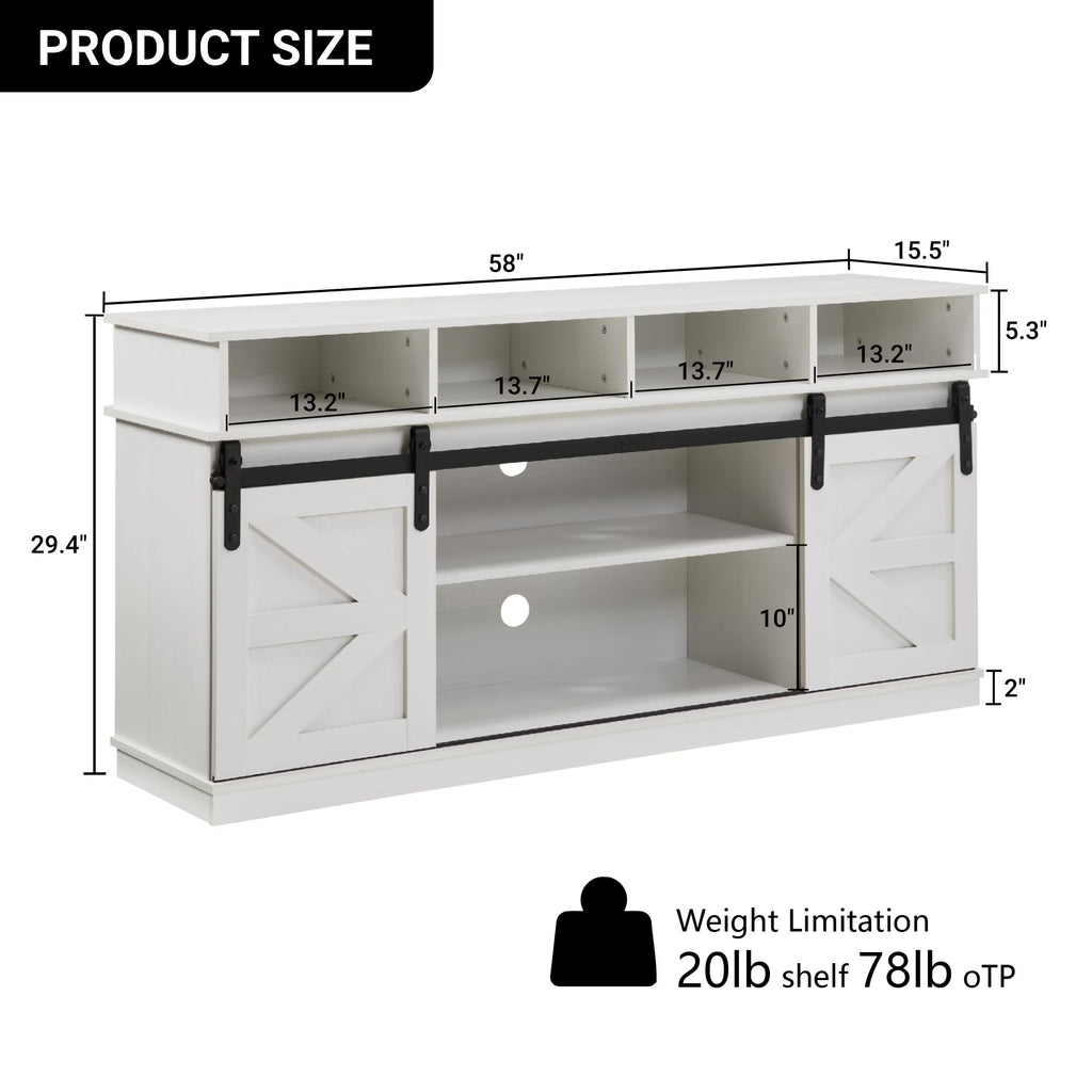 White 58 Inch Farmhouse TV Stand with Sliding Barn Doors G659