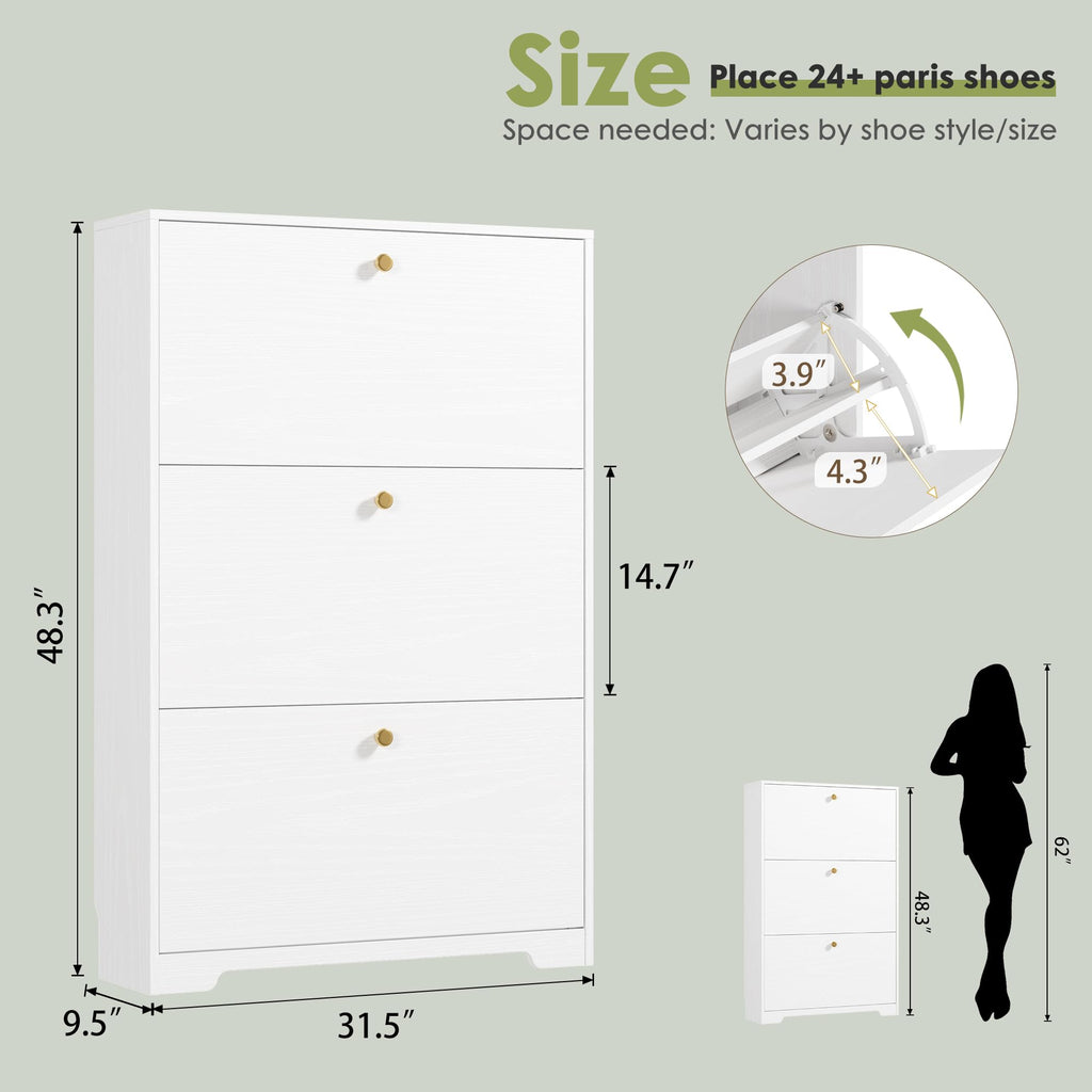 White 3 Flip Drawers Narrow Shoe Storage Cabinet G4788