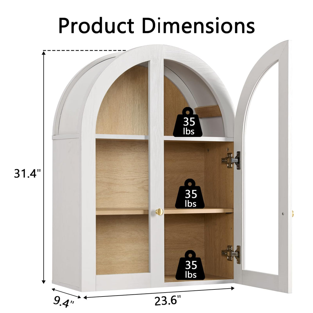 White Arched Wall Mount Bathroom Cabinet with Glass Doors Q105