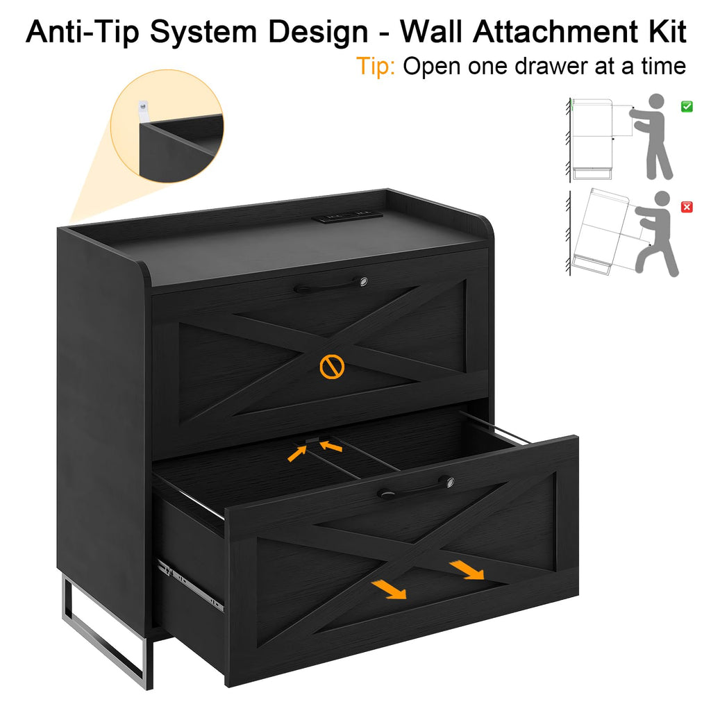 2 Drawer Black Lateral File Cabinet with Charging Station R231804