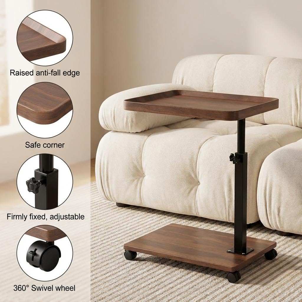 C Shaped End Table with Wheels & Adjustable Height K789449