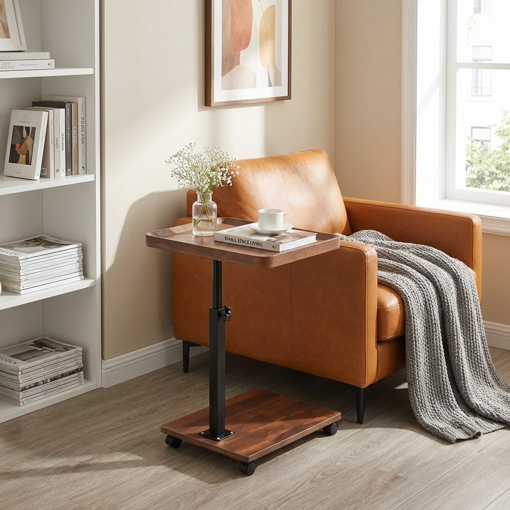 C Shaped End Table with Wheels & Adjustable Height K789449
