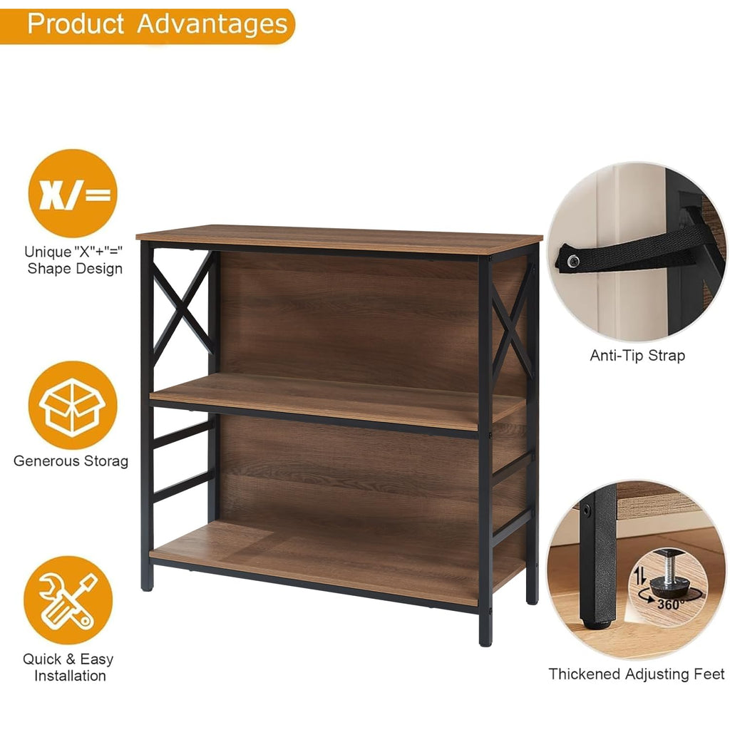 3 Tier Rustic Brown Bookshelf with Metal Frame and Backboard Z918898