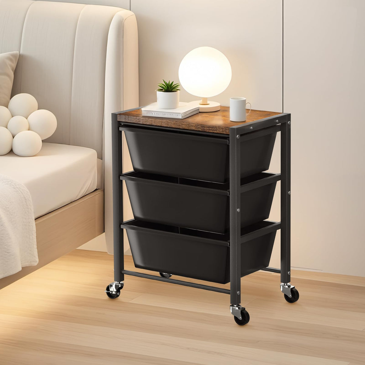 3 Drawer Rolling Cart with Lockable Wheels and Wooden Tabletop K96364