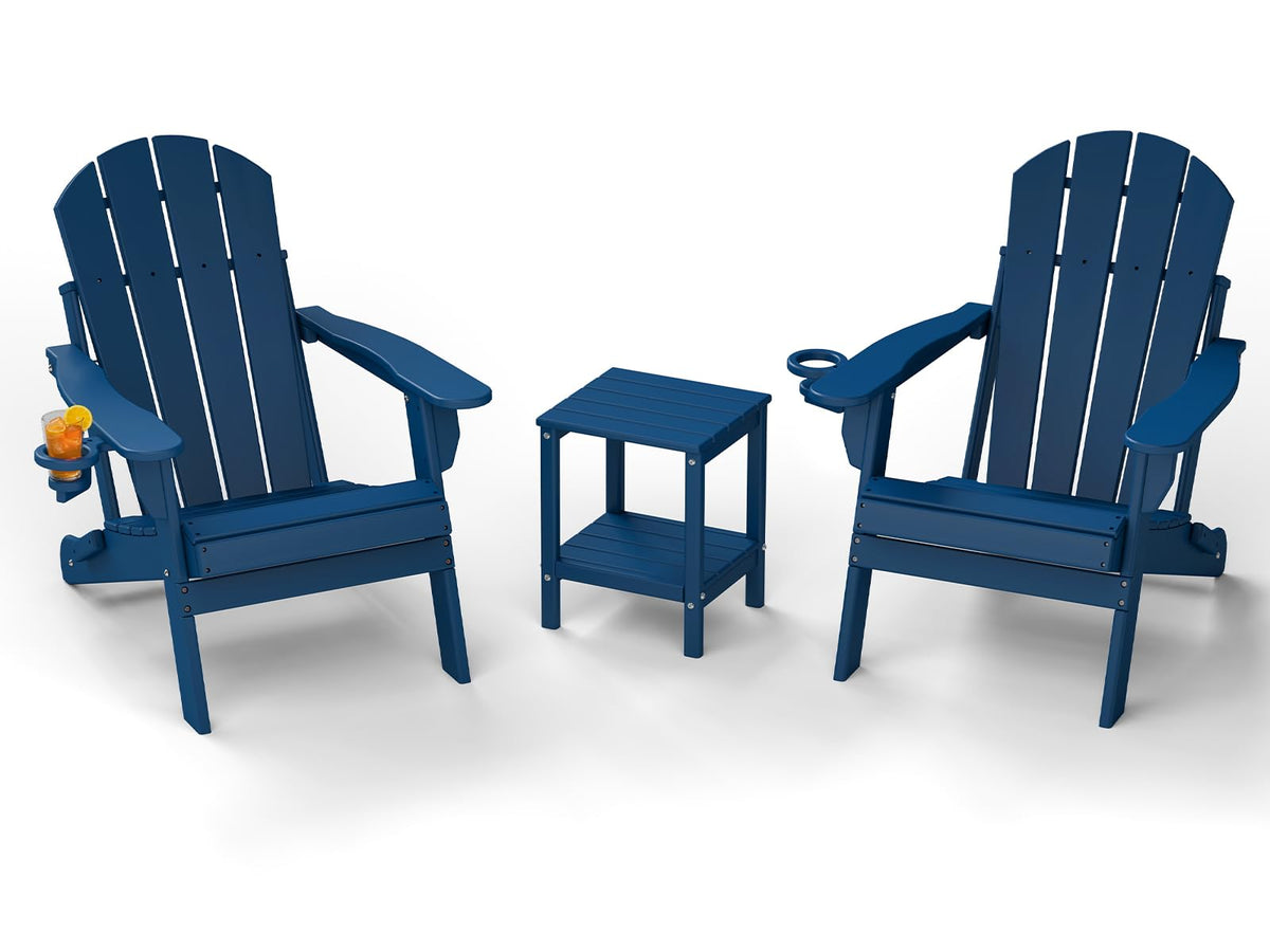 Blue 3-Piece Folding Adirondack Chair Set with Side Table HDPE T880