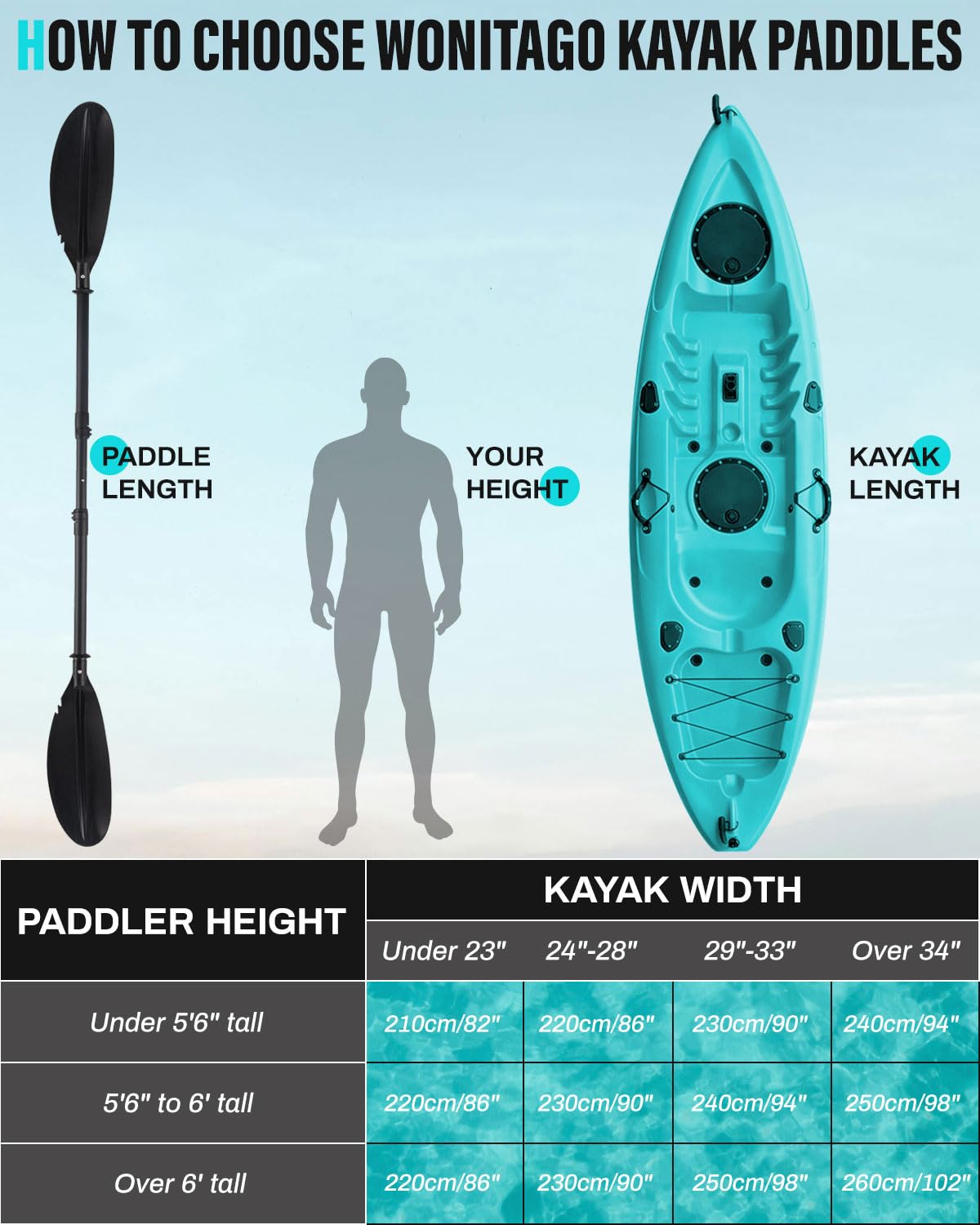 Kayak Paddles with Paddle Leash, 70in-97in Lightweight Paddling Blades N8190