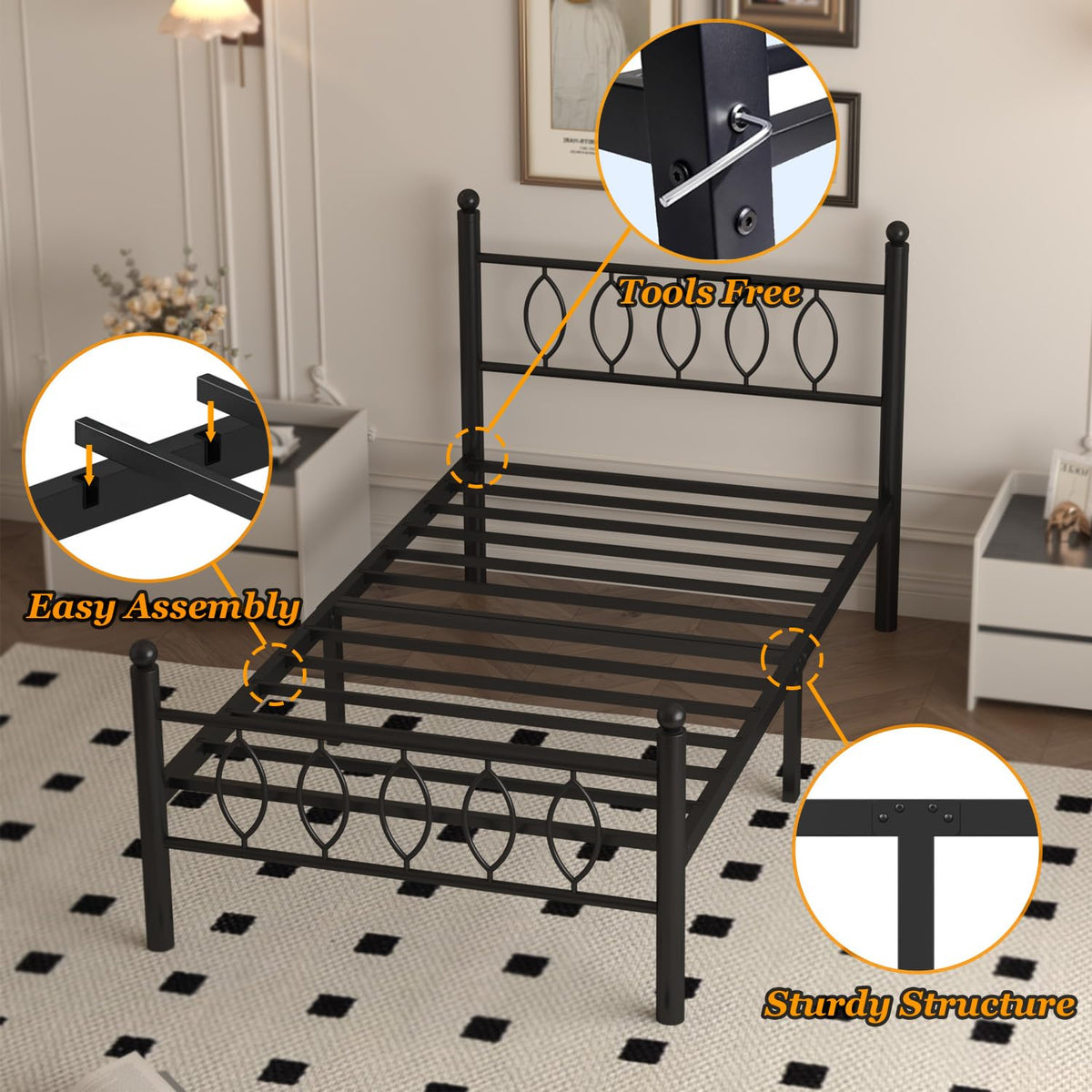 Black 14 Inch Metal Platform Twin Bed Frame with Headboard P5374
