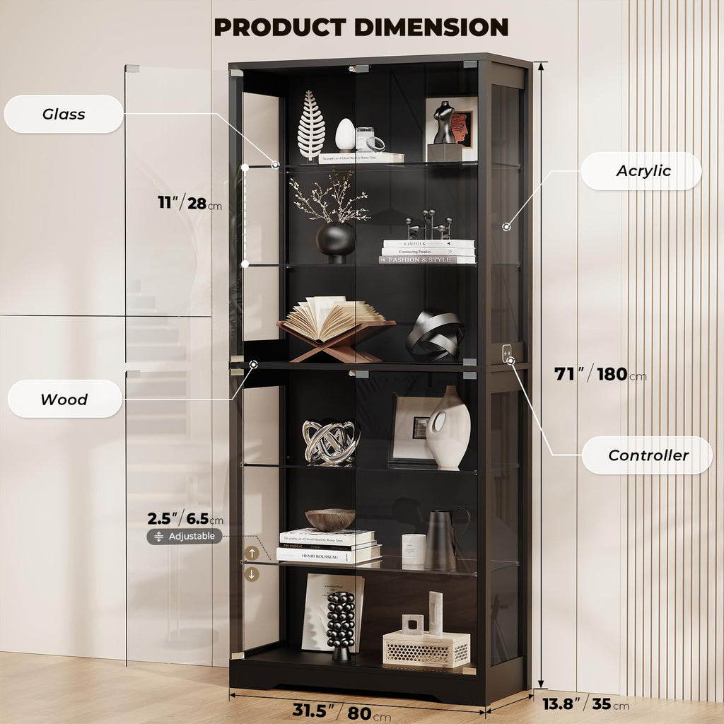 71" Tall Display Cabinet with Glass Door and 3-Color Lights, Black H68301