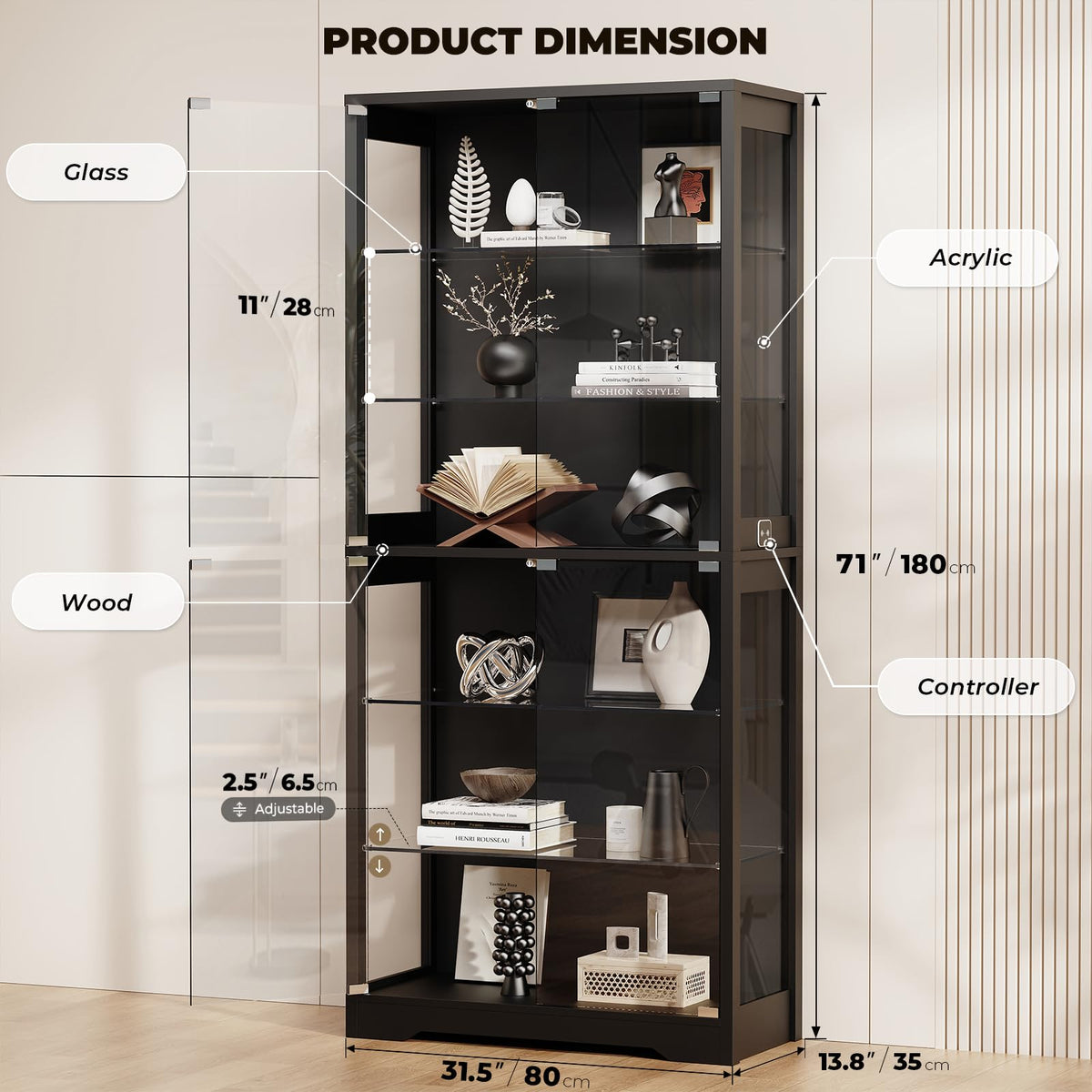 71" Tall Display Cabinet with Glass Door and 3-Color Lights, Black H68301