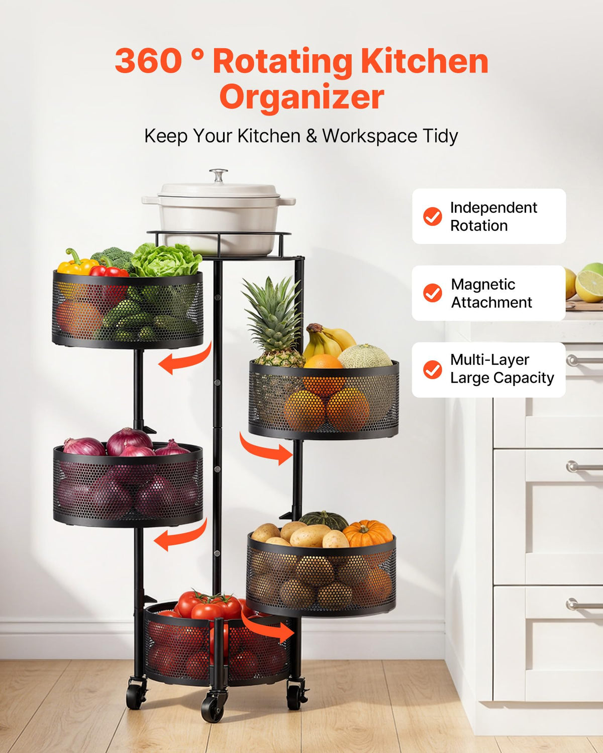 5 Tier Rotating Storage Rack Cart on Wheels, Black I339531