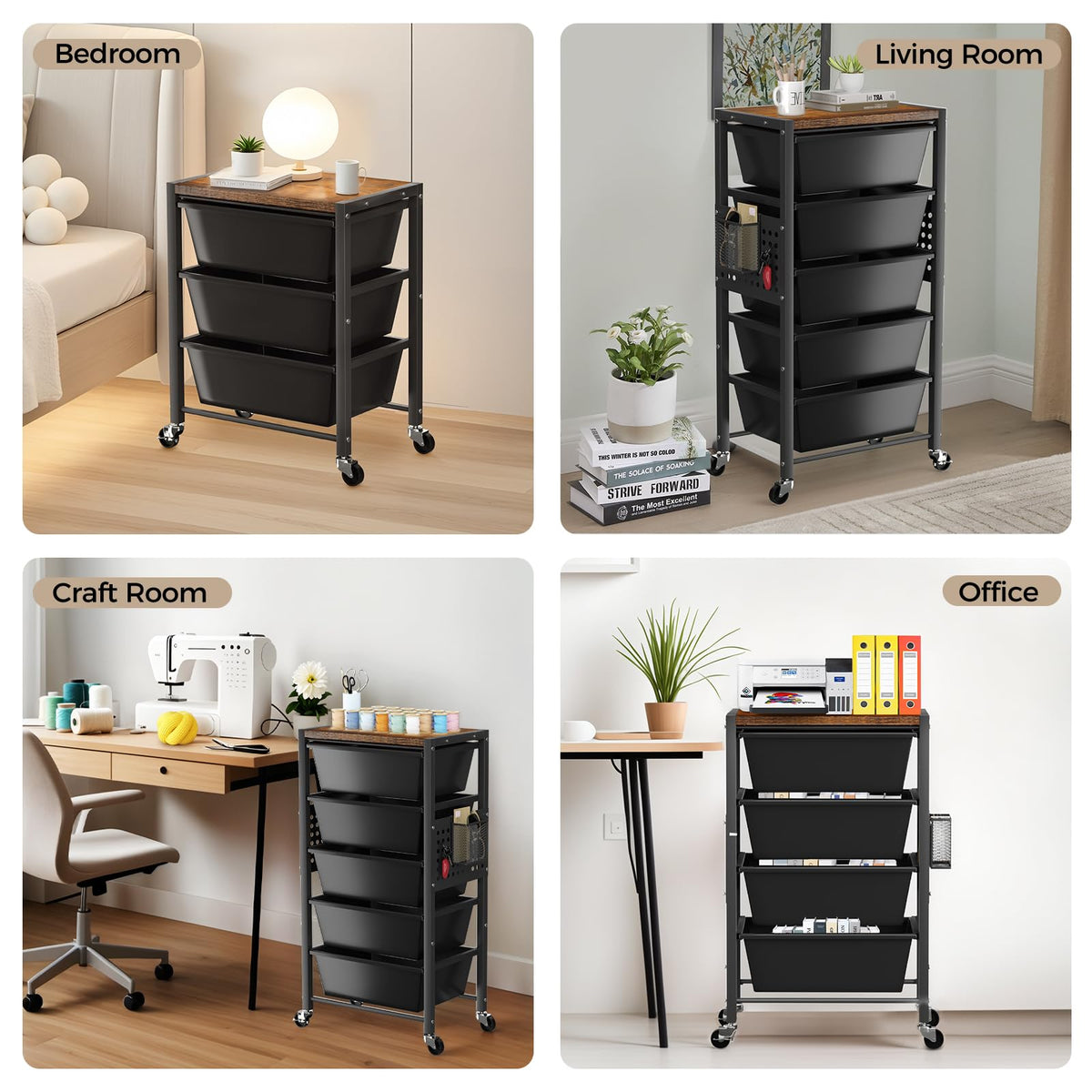 3 Drawer Rolling Cart with Lockable Wheels and Wooden Tabletop K96364