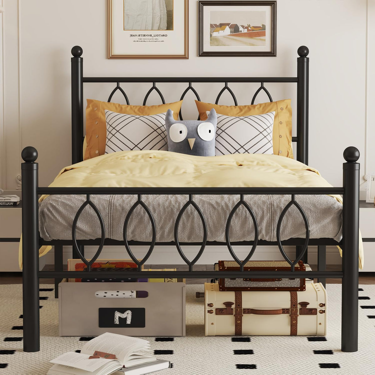 Black 14 Inch Metal Platform Twin Bed Frame with Headboard P5374