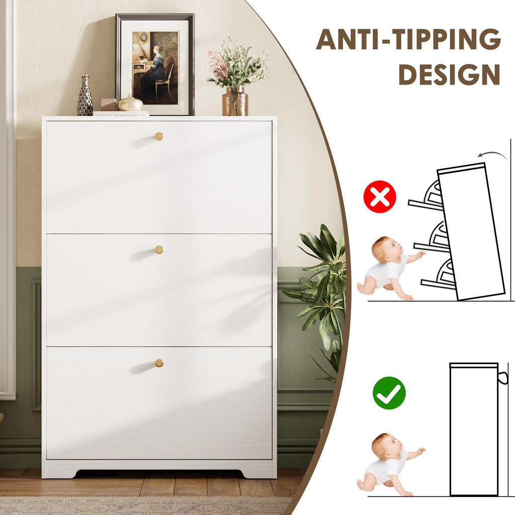 White 3 Flip Drawers Narrow Shoe Storage Cabinet G4788