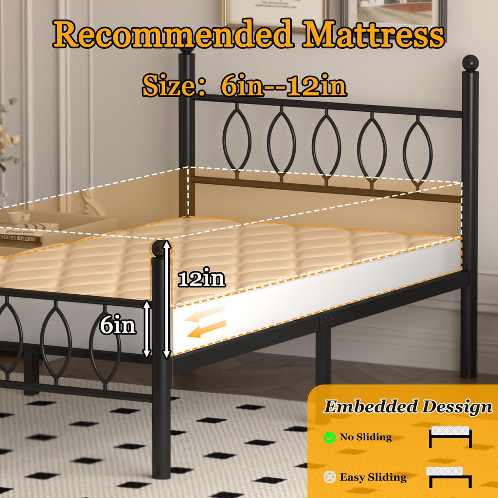 Black 14 Inch Metal Platform Twin Bed Frame with Headboard P5374