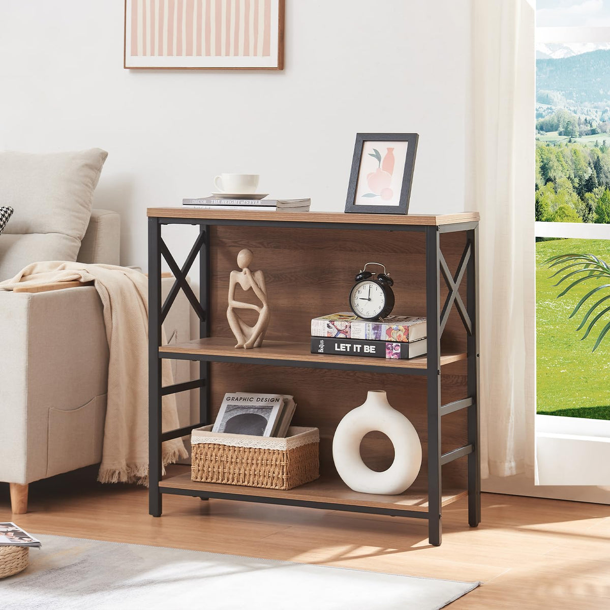 3 Tier Rustic Brown Bookshelf with Metal Frame and Backboard Z918898