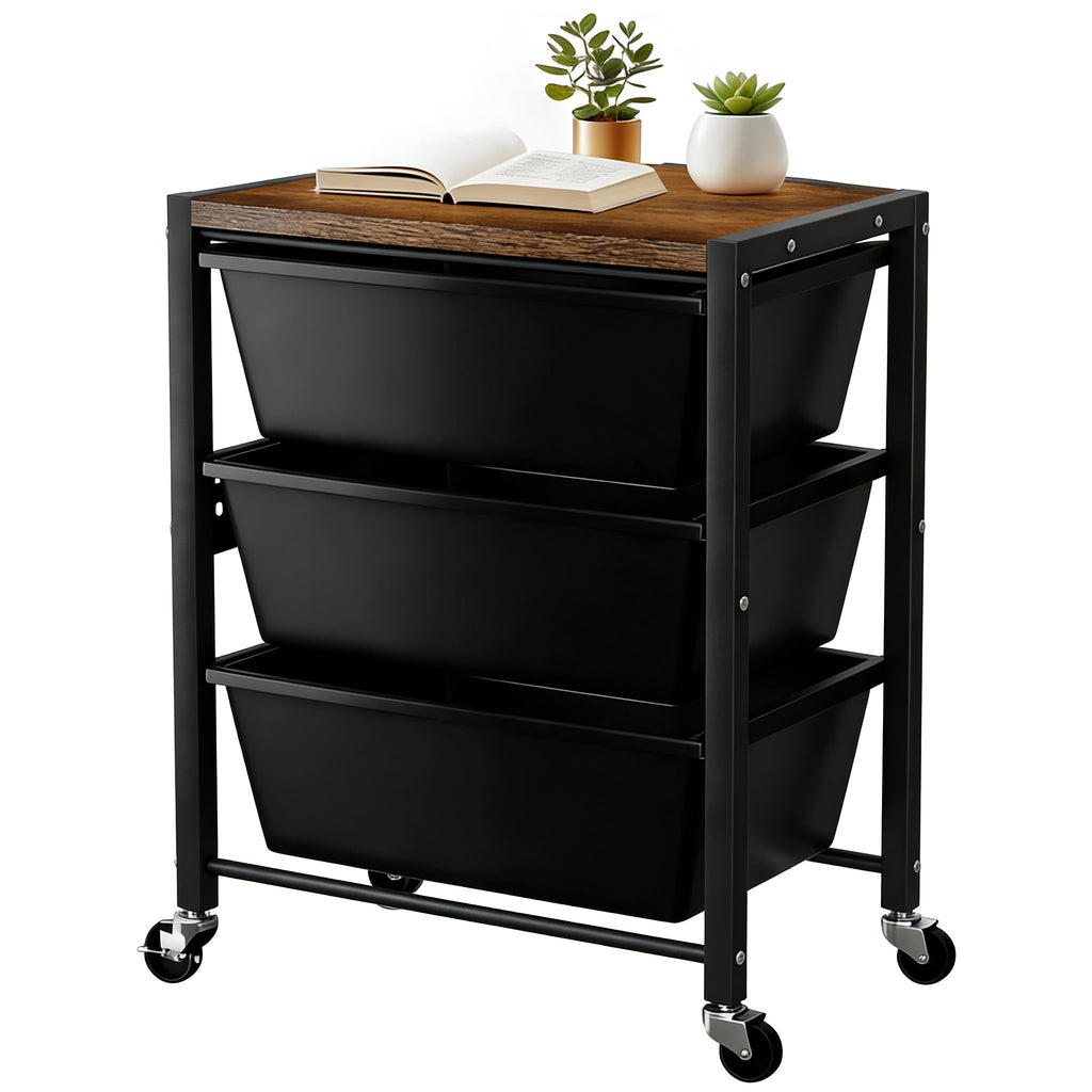 3 Drawer Rolling Cart with Lockable Wheels and Wooden Tabletop K96364