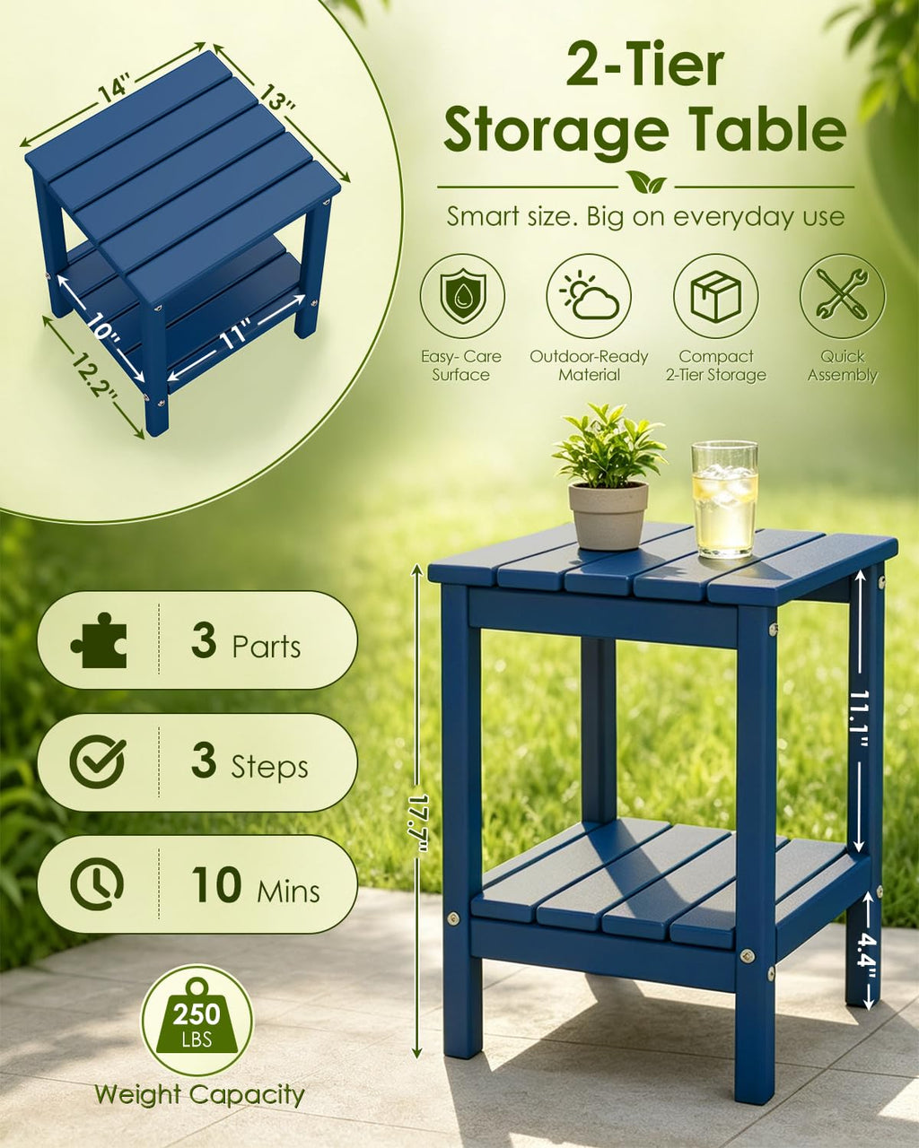 Blue 3-Piece Folding Adirondack Chair Set with Side Table HDPE T880