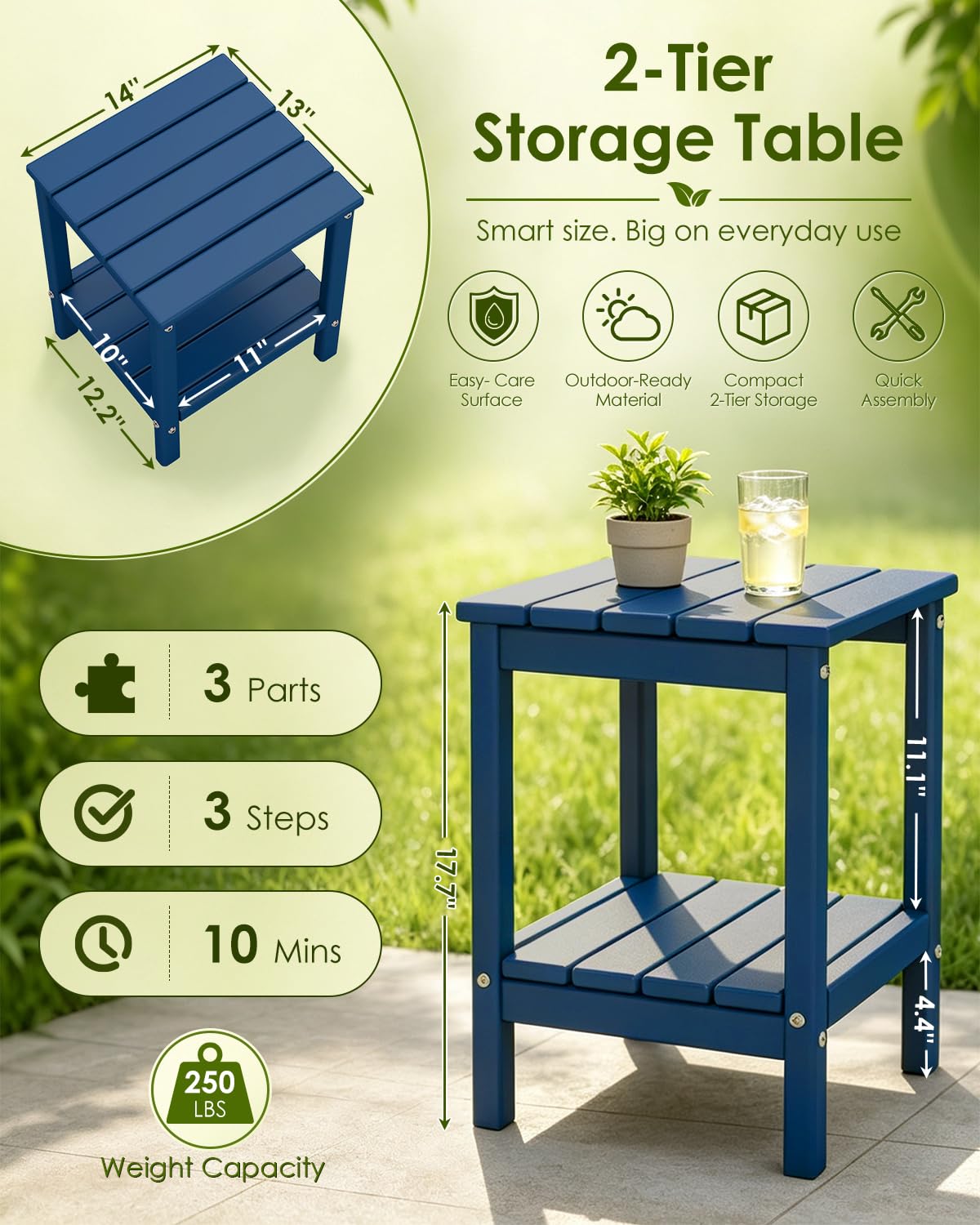 Blue 3-Piece Folding Adirondack Chair Set with Side Table HDPE T880