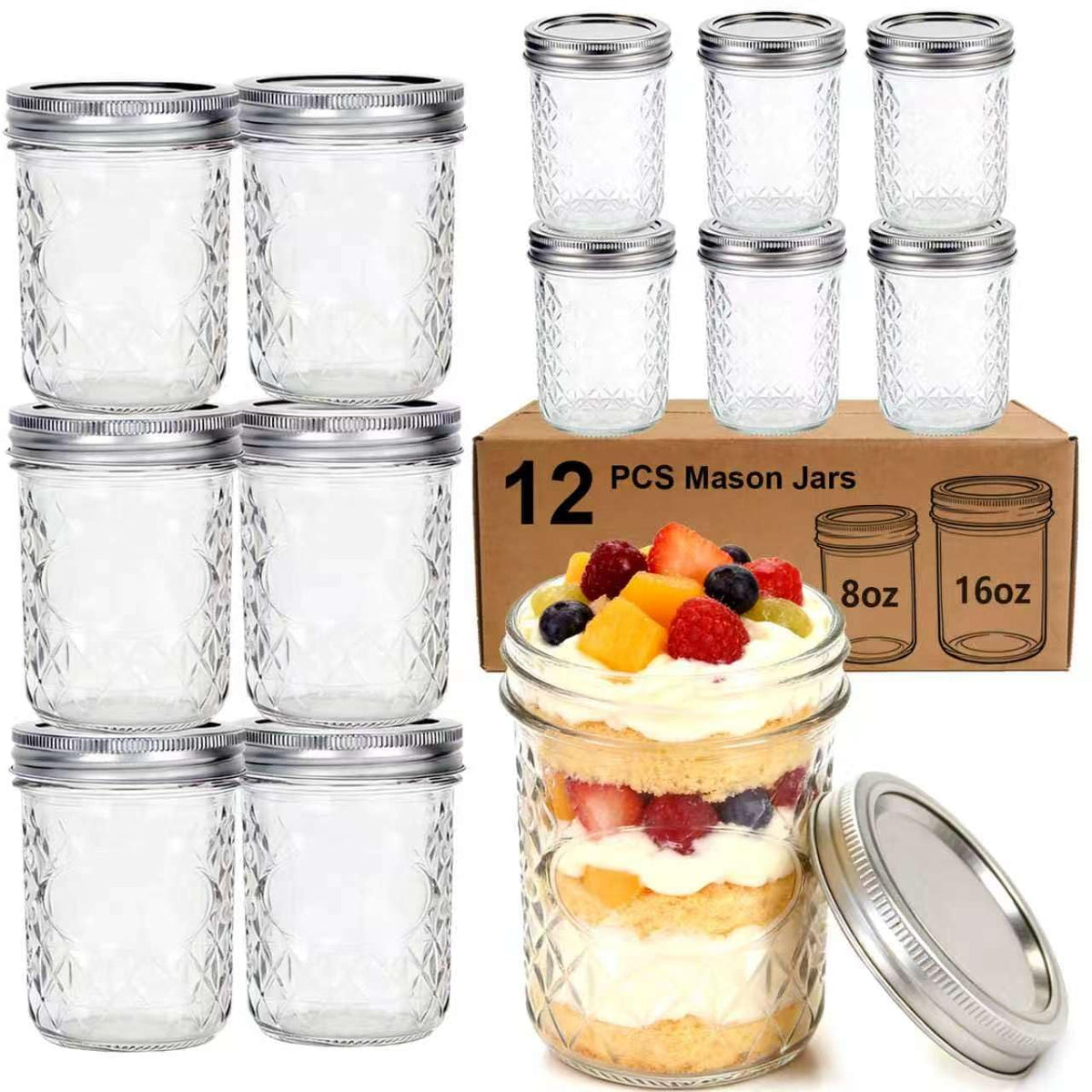 12 Pack Glass Mason Jars with Lids 16 oz & 8 oz A995517