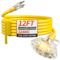 12 FT 12 Gauge Yellow Heavy Duty Outdoor Extension Cord Waterproof Y1676