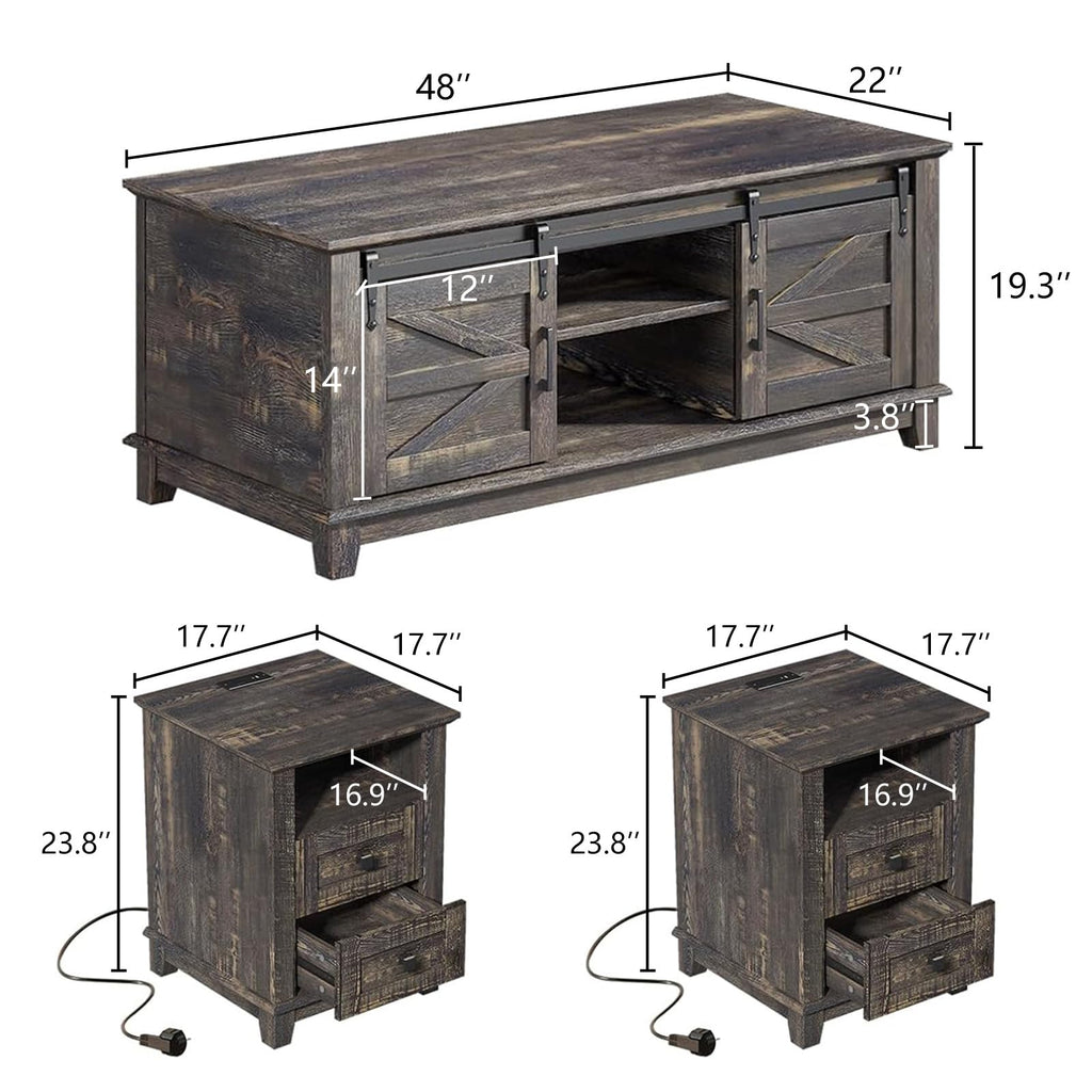 4 Piece Farmhouse Living Room Table Set with TV Stand Coffee Table and End Tables E34314