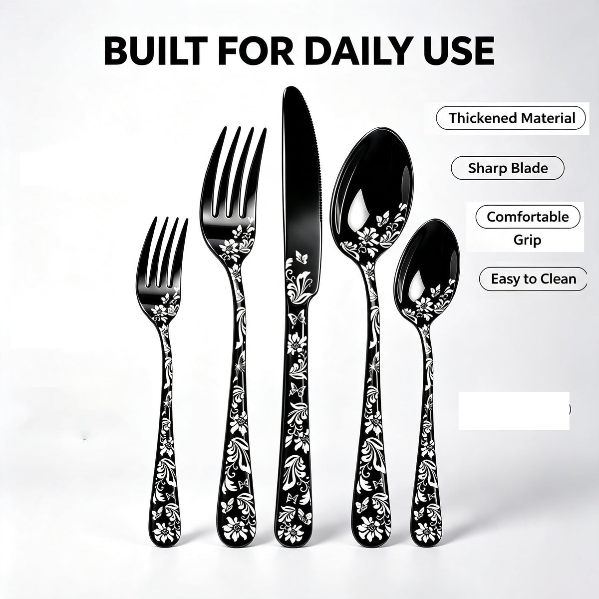 60 Piece White Floral Pattern Stainless Steel Silverware Set X63572