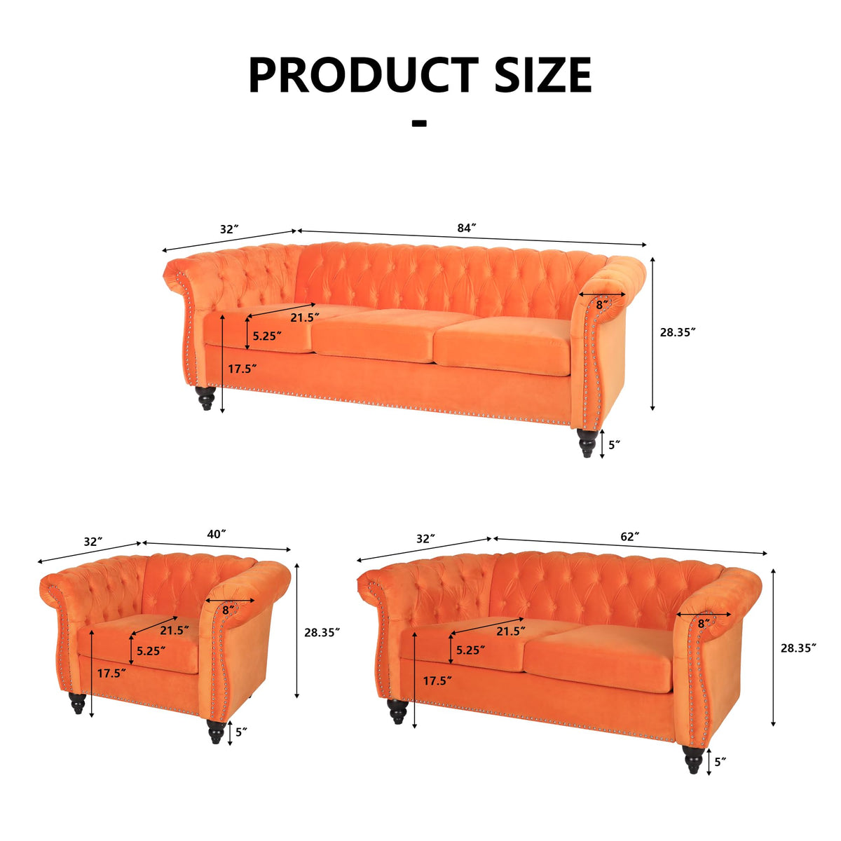 Orange Velvet 3 Pieces Sofa Set X49971