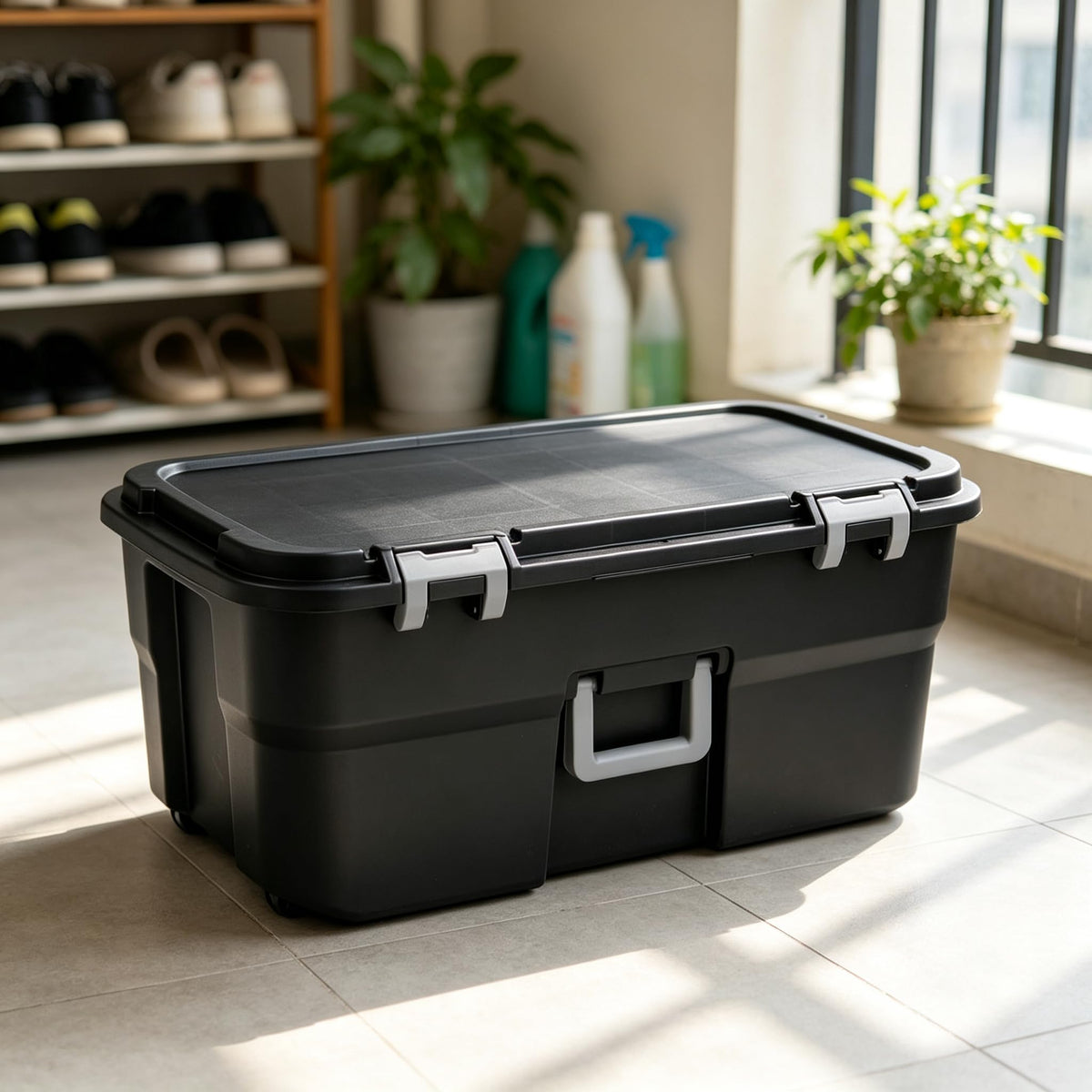Black 22 Gallon Wheeled Plastic Storage Trunk X5585