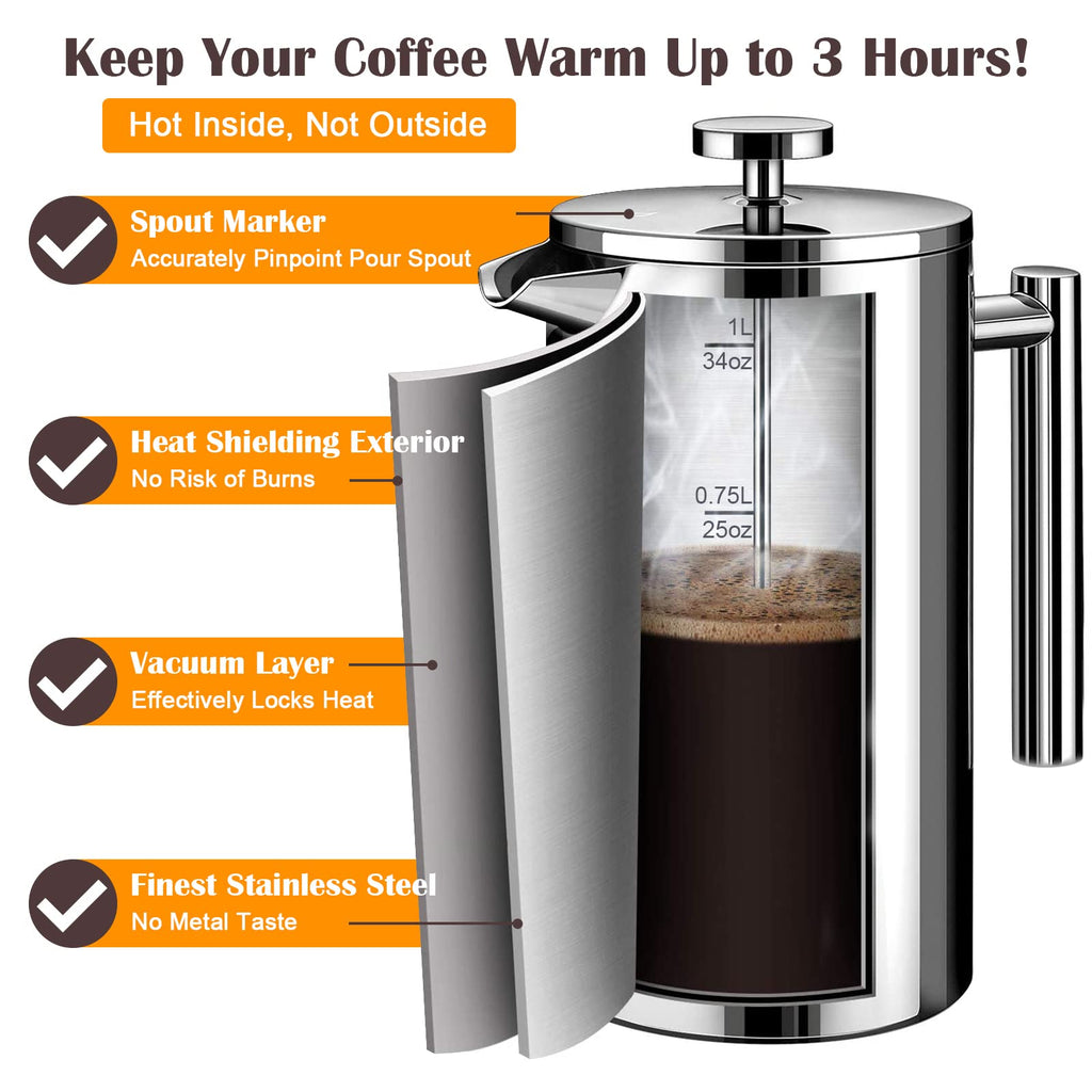 Double Insulated 304 Stainless Steel French Press Coffee Maker 1000ml V517575