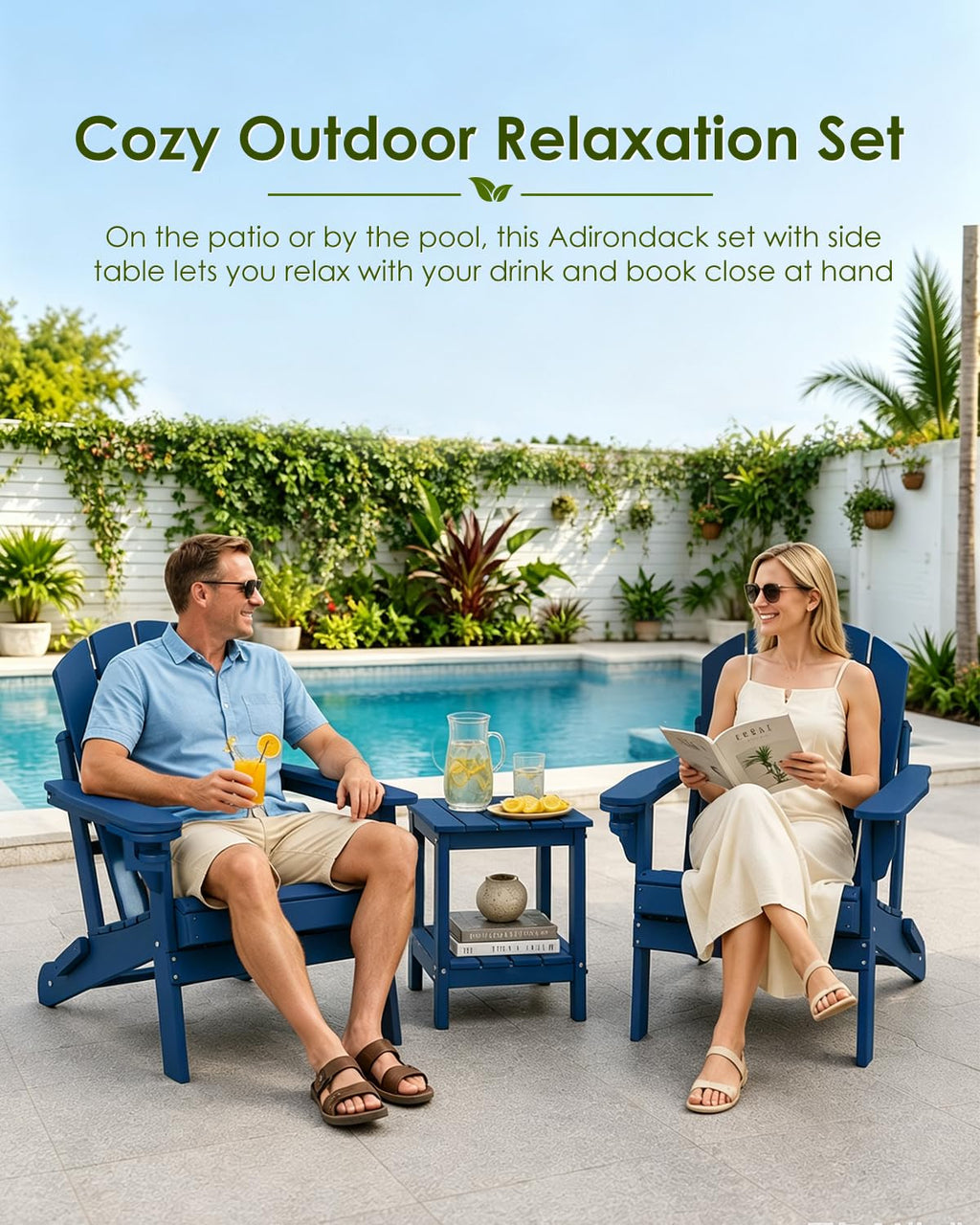 Blue 3-Piece Folding Adirondack Chair Set with Side Table HDPE T880