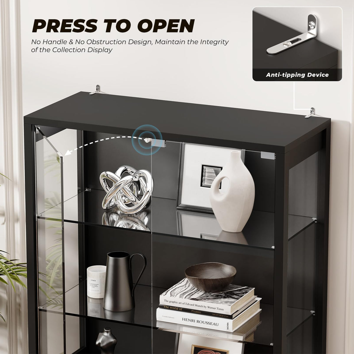 71" Tall Display Cabinet with Glass Door and 3-Color Lights, Black H68301
