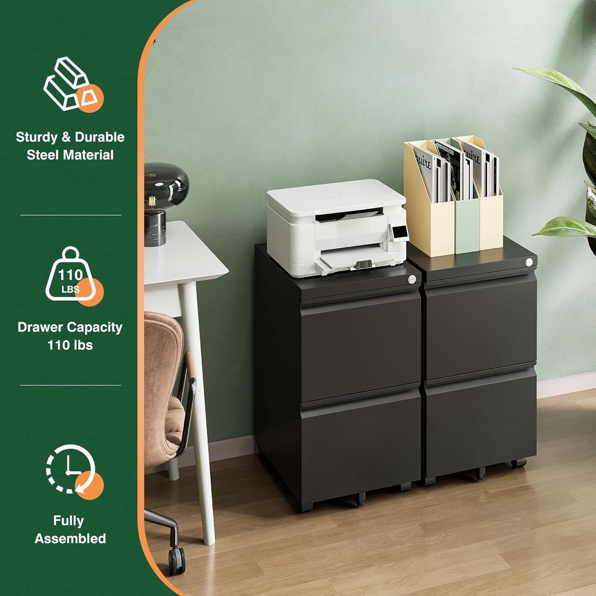 2 Drawer Black Metal Mobile File Cabinet with Lock B213347