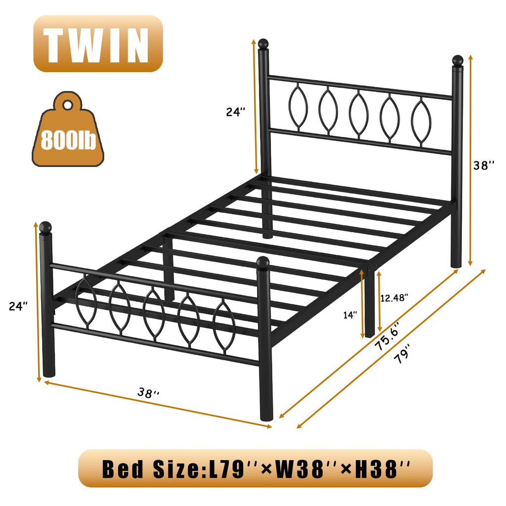 Black 14 Inch Metal Platform Twin Bed Frame with Headboard P5374