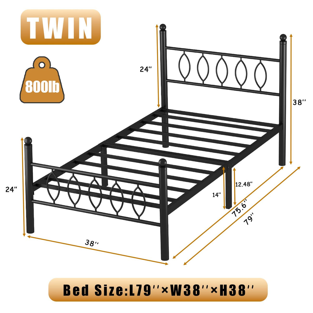 Black 14 Inch Metal Platform Twin Bed Frame with Headboard P5374