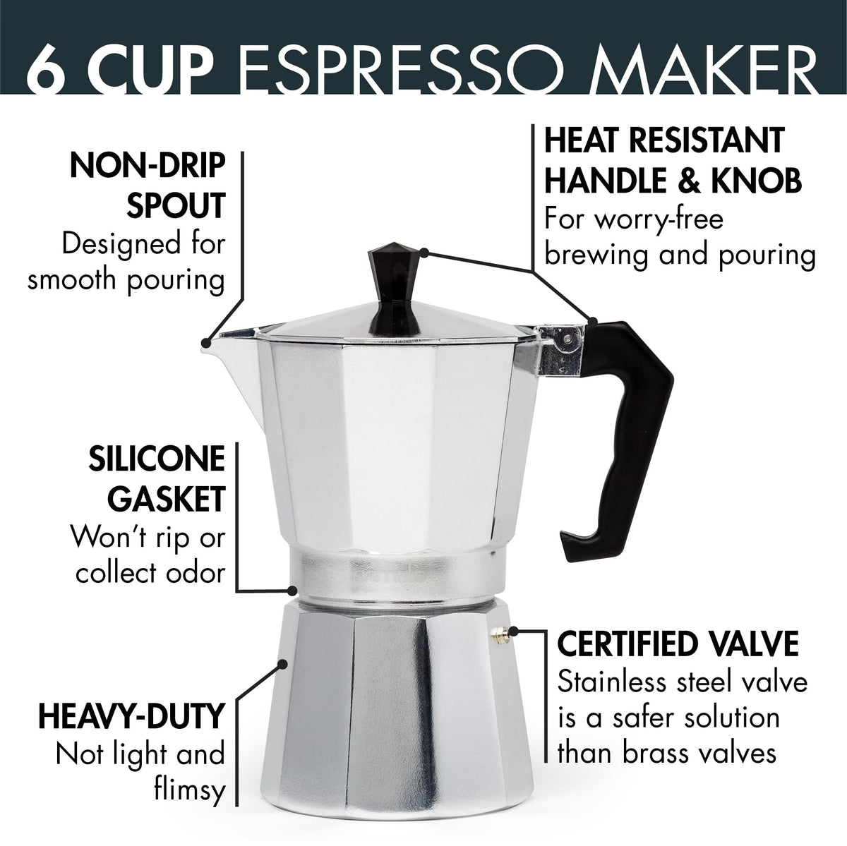 Stovetop Espresso and Coffee Maker, 6 Espresso Cups, Silver W229587