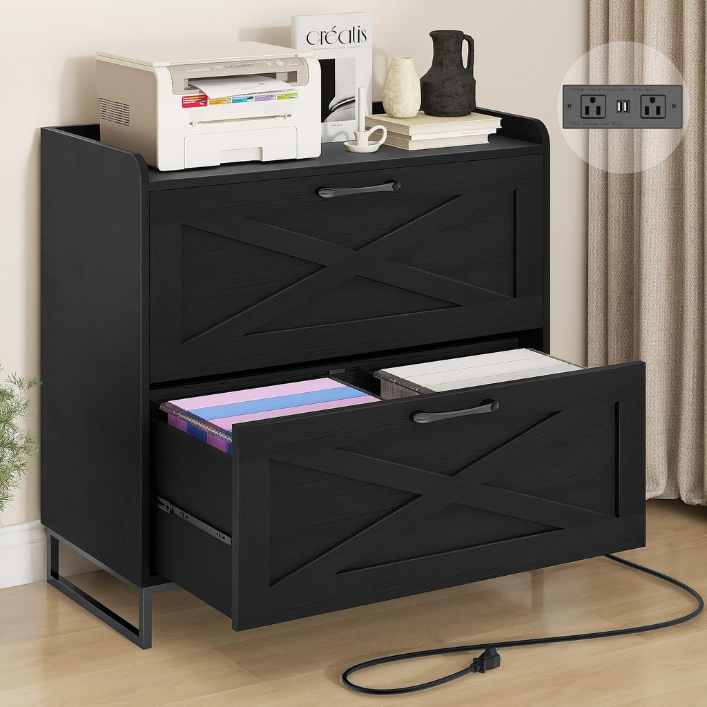 2 Drawer Black Lateral File Cabinet with Charging Station R231804
