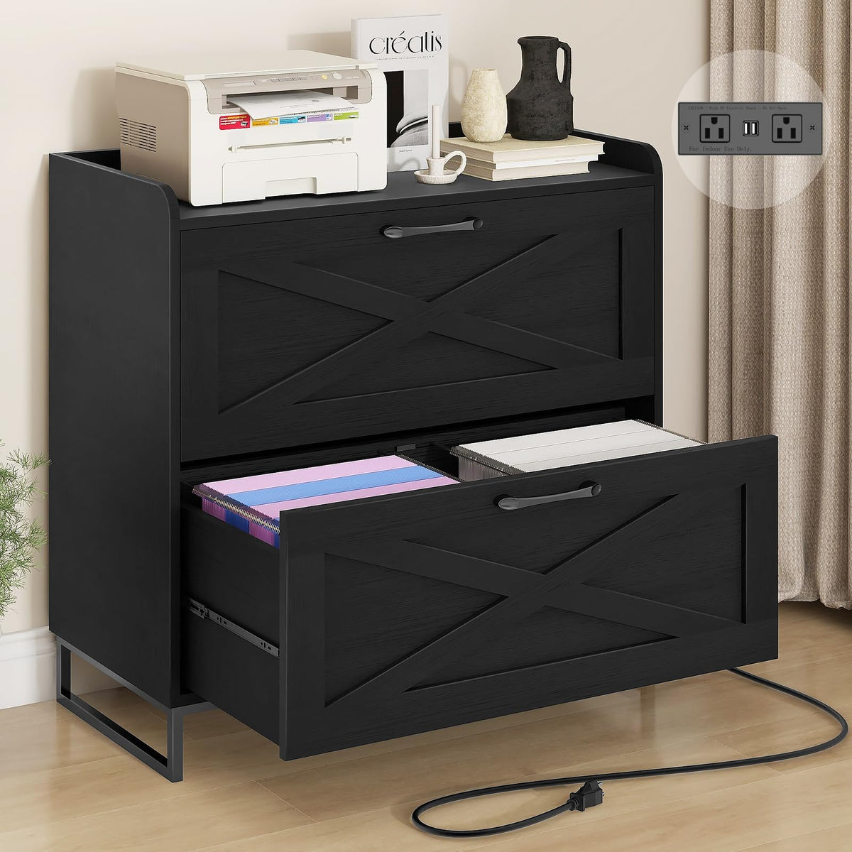 2 Drawer Black Lateral File Cabinet with Charging Station R231804