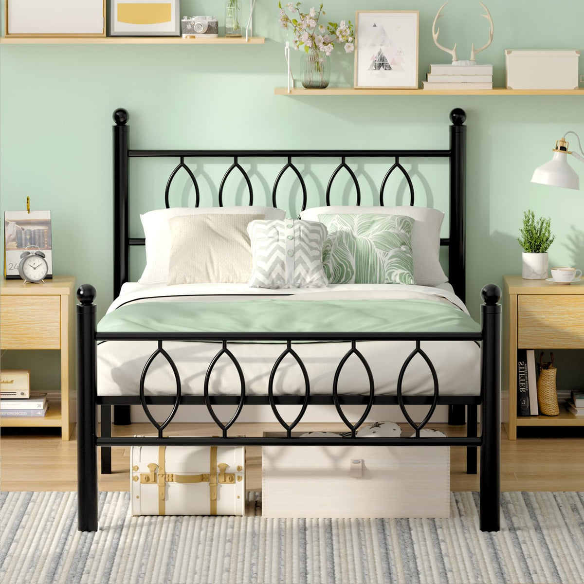 Black 14 Inch Metal Platform Twin Bed Frame with Headboard P5374
