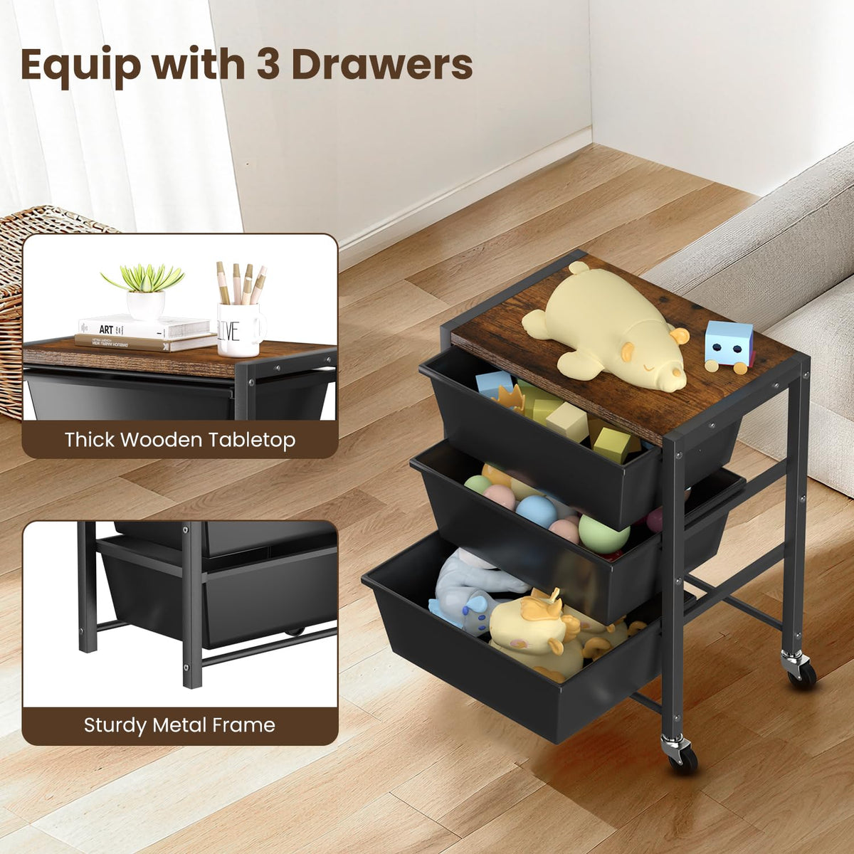 3 Drawer Rolling Cart with Lockable Wheels and Wooden Tabletop K96364