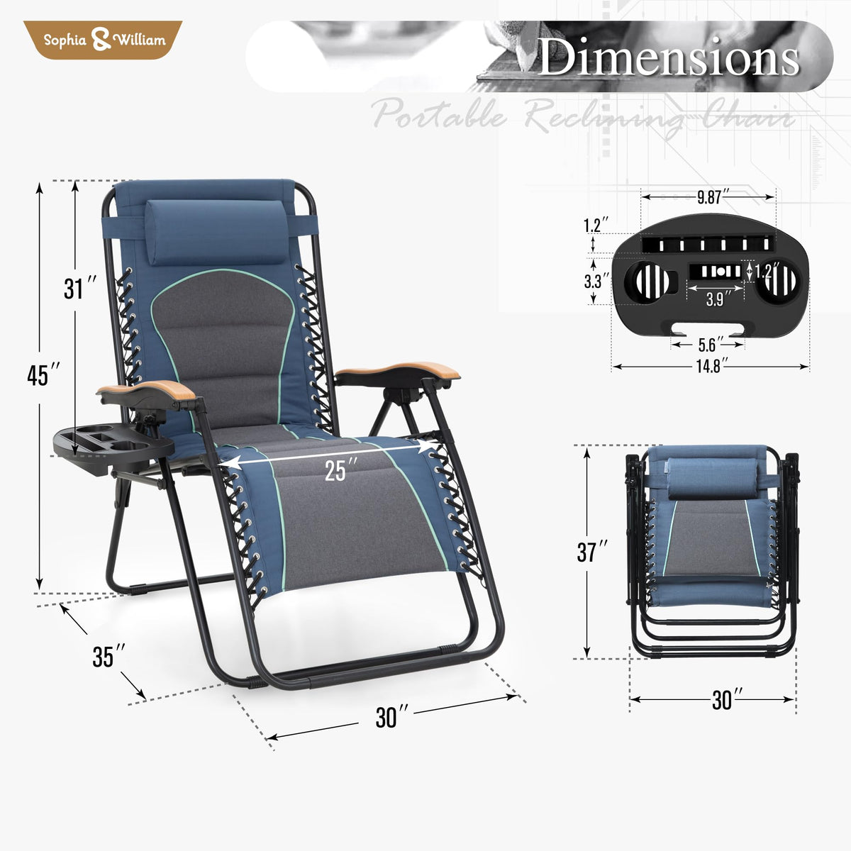 Blue Padded Zero Gravity Chair Set of 2 M6204