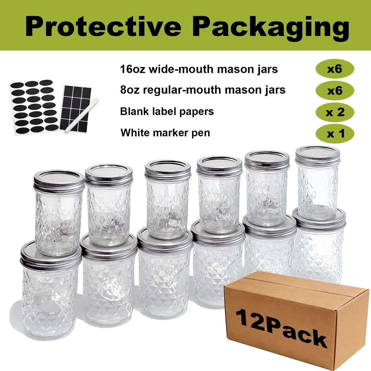 12 Pack Glass Mason Jars with Lids 16 oz & 8 oz A995517