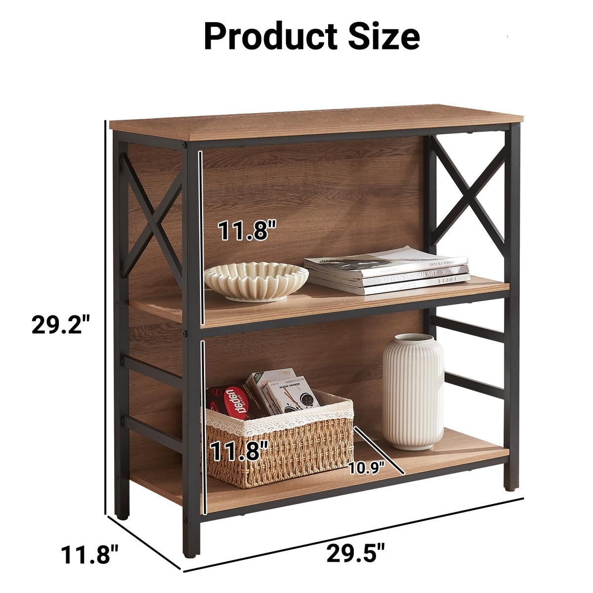 3 Tier Rustic Brown Bookshelf with Metal Frame and Backboard Z918898