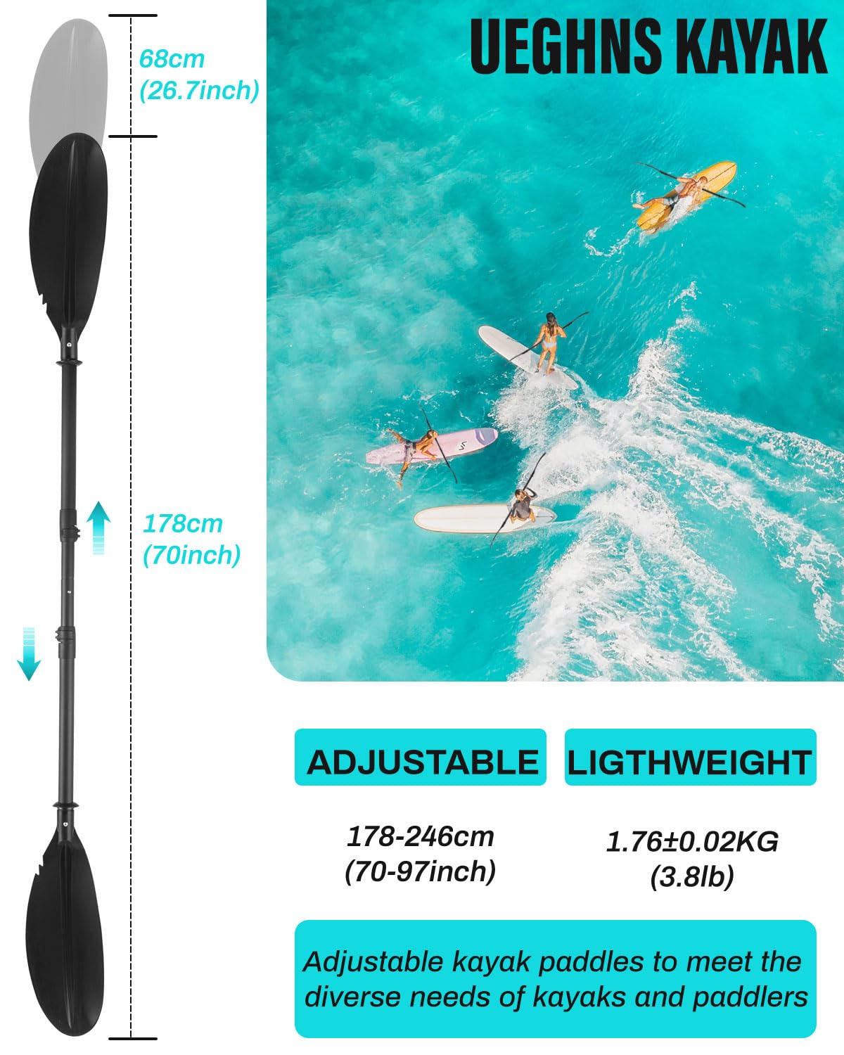 Kayak Paddles with Paddle Leash, 70in-97in Lightweight Paddling Blades N8190